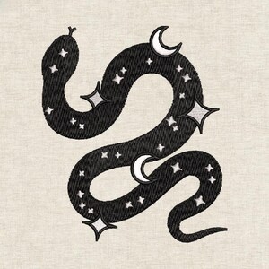 May include: Black embroidered snake design with stars and crescent moons. The snake is in a curved, stylized form, with a textured appearance. The stars and moons are white, contrasting against the black snake. The background is a light beige fabric.
