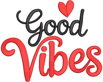 Good Vibes Heart-borduurontwerp, Script Quote Machine-borduurbestand, positief gezegde, retro-letters