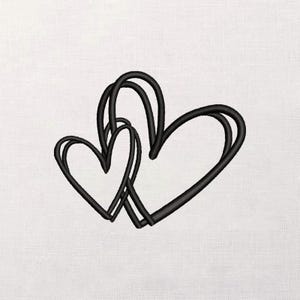 May include: Black embroidered design of two intertwined hearts on a white fabric background. The hearts are outlined with a thick, continuous line, creating a three-dimensional effect. The design is simple yet elegant, suitable for various craft projects.