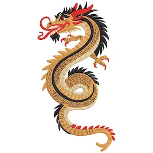 May include: Embroidered design of a golden dragon with black and red accents. The dragon features a detailed scale pattern, a flowing mane, and a curled tail. The dragon's claws and tongue are red, and the design is set against a white background.