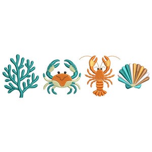 Puede incluir: Diseños bordados con temática marina que incluyen coral, un cangrejo, una langosta y una concha. El cangrejo tiene una combinación de colores azul y naranja, mientras que la langosta es naranja. La concha es turquesa y marrón.