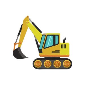Puede incluir: Un gráfico bordado de una excavadora amarilla con una cuchara negra, ventanas de color azul cerceta y orugas negras con cuatro ruedas circulares naranjas. El vehículo de construcción se muestra de perfil, destacando el brazo articulado.