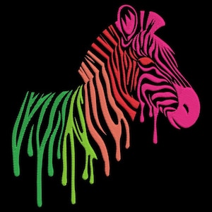 Färgglad zebrabroderidesign, droppande ränder maskinbroderi, regnbågsdjursmönster, modern konstnärlig dekor, flerfärgat broderi