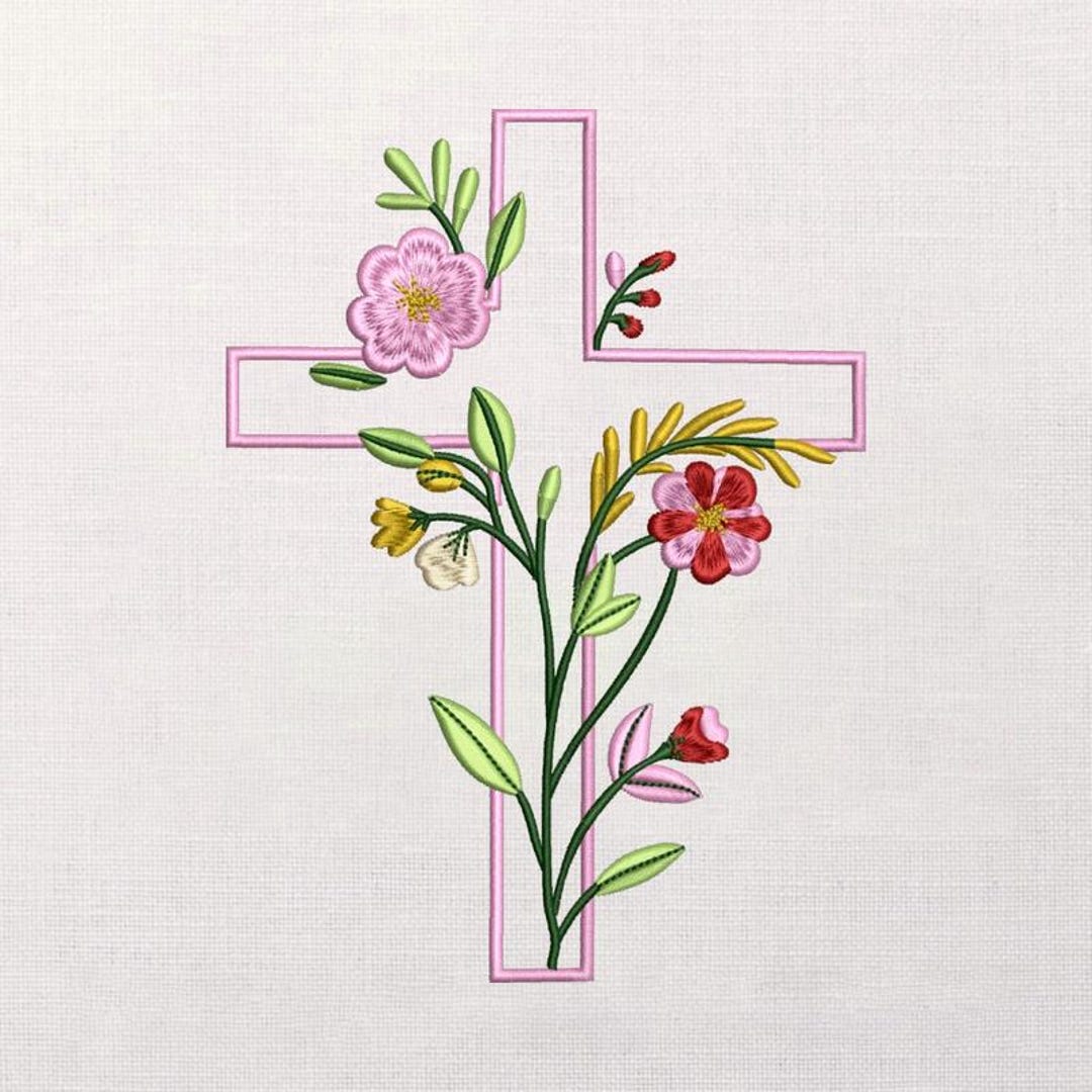 Floral Cross Embroidery Design, Outline Faith Cross With Blossoms ...