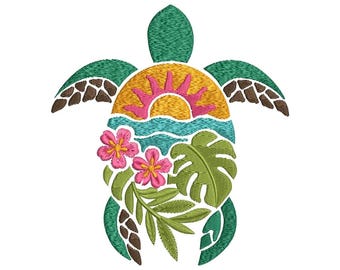 Borduurontwerp tropische zeeschildpad, strand zonsondergang schildpadpatroon, bloemen oceaan machineborduurbestand, Instant Download