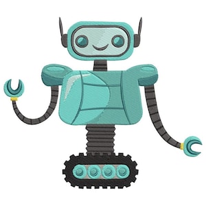 May include: A teal robot illustration with a smiling face, antennas, and articulated arms ending in crescent-shaped tools. The robot has a segmented body and a track-like base, all set against a white background.