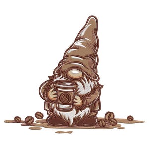 Könnte beinhalten: Cartoon-Illustration eines Gnom mit einer Kaffeetasse. Der Gnom trägt einen braunen Hut und Mantel mit weißem Bart. Kaffeebohnen sind um den Gnom verstreut. Die Kaffeetasse hat ein Kaffeebohnen-Design.