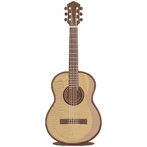 May include: Acoustic guitar with a light brown body and a dark brown neck and headstock. The guitar has six tuning pegs and a sound hole. The design features detailed stitching, giving it a textured appearance.