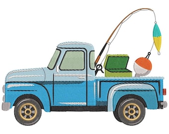 Vintage vissersvrachtwagen borduurontwerp, Lake Life pick-up, zomer buitensteek, doos en hengel visgerei, rustiek landdecor