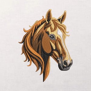 May include: Embroidered horse head in shades of brown, tan, and black. The horse's mane and forelock are detailed with flowing lines. The eye is a dark grey with a reflective highlight. The background is a plain, off-white fabric.