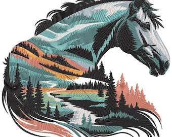 Peut inclure: Une broderie représentant une tête de cheval, avec un paysage à l'intérieur de sa silhouette. Le paysage comprend une rivière, des arbres et un coucher de soleil coloré. Le cheval est principalement bleu et noir, avec des points détaillés.