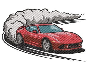 Diseño de bordado de coche clásico, escena de curva de derrape con humo de neumáticos, motivo de carreras, patrón de bordado digital