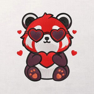May include: Embroidered design of a red panda wearing heart-shaped sunglasses and holding a heart. The panda has black and white accents and is surrounded by small red hearts. The design is on a white background.