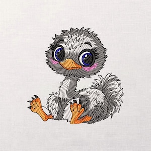 May include: An embroidered design of a cartoon ostrich chick. The chick is gray and white with a fluffy head, large blue eyes, and an orange beak and feet. The chick has pink cheeks and is sitting down.