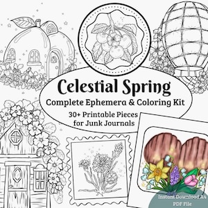 Può includere: Illustrazione in bianco e nero di un kit completo di effemeridi e colorazione Celestial Spring. L'immagine include vari pezzi stampabili per junk journal, tra cui disegni floreali, una mongolfiera e case stravaganti. Il testo recita "Celestial Spring" e "30+ Printable Pieces".