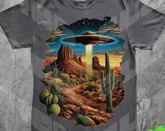 Vintage UFO Desert Graphic T-shirt, 90s Alien UFO Tee, Comfort Colors, Cowboy Gift, Rodeo Shirt, Funny Gag Gift, Meme Shirt, Baggy, Arizona