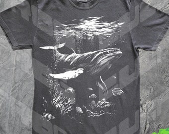 90s Tattoo Whale Shirt, Vintage Style Ocean Life Tshirt, Whale Lover Gift, Sea Animals Tee, Dolphin, Fish, Marine Biologist, Baggy, Washed