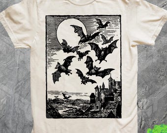Grafisch tshirt middeleeuws kasteel vleermuizen, comfortkleuren, vintage T-shirt jaren 90, renaissanceshirt, heksencadeau, donkere kunst, Cottagecore, Y2k, Halloween