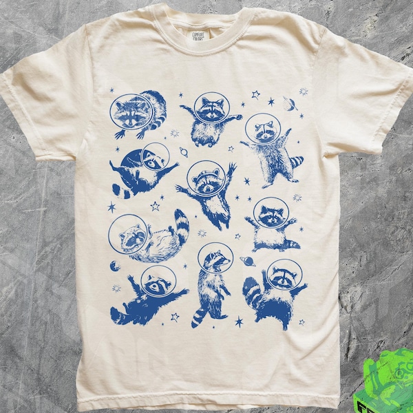 Camiseta Raccoons In Space, Cores confortáveis, Camiseta gráfica vintage retrô dos anos 90, Camiseta engraçada de animal, Presente para ela, Trashpanda, Camiseta meme, Presente de mordaça