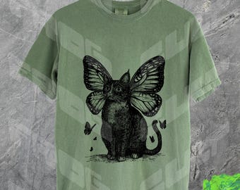 Vintage vlinderkat T-shirt, comfortkleuren, retro jaren 90 kattenshirt, schattig kitten-T-shirt, Cottagecore, Fairycore, cadeau voor haar, kattenliefhebber