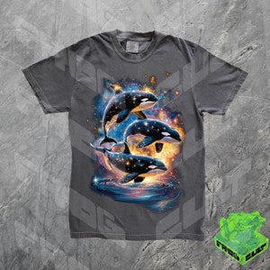Galaxy Orcas Vintage 90s Graphic Shirt, Sea Animal Moon Tshirt, Retro Y2k Ocean Whale Nature Shirt, Sealife, Space Tee, Funny Gag Gift Tee