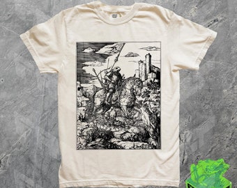 Vintage Frog Knight graphic tshirt, comfortabele kleuren, retro griezelig jaren 90 shirt, Y2k dromerige abstracte donkere kunst T-shirt, Grimdark cadeau shirt, pumpcover