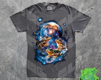 Camiseta Galaxy Frogs Y2k, colores cómodos, camiseta gráfica vintage de los 90, camiseta divertida con regalo de rana, camiseta meme, ranas en el espacio, camiseta retro lavada