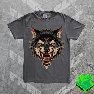 large isolated print of a wolf head baring teeth, in the style of traditional japanese tattoo art