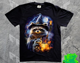 Jaren 90 vintage griezelige wasbeer shirt, schattige baby wasbeer tovenaar grafisch T-shirt, pompoen herfst Halloween jaren 90 t-shirt, meme, Witchy, comfortkleuren