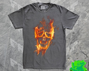 Camisa Y2k de calavera llameante, camiseta gráfica de esqueleto espeluznante de los años 90, camiseta divertida de meme de Halloween, camisa de calavera oscura espeluznante, regalo, camisas que van duro