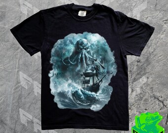 Vintage 90s Cthulu Graphic T Shirt, Kraken Retro Tee, 2000s Sailing Shirt, Nostalgia Oversize Tee, Grimdark Tee Shirt, Kraken, HP Lovecraft