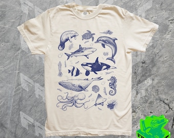 Vintage Oceanlife Animals Shirt, Comfort Colors, 90s Sea Marine Life Graphic Tshirt, Turtle, Dolphin, Whale, Fish, Shark, Gift For Her
