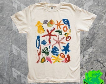 90s Abstract Seashell Beach Painting Shirt, Summer Ocean Sea Life Graphic Tshirt, Gift For Her, Him, Starfish Street Art, Original, Oversize