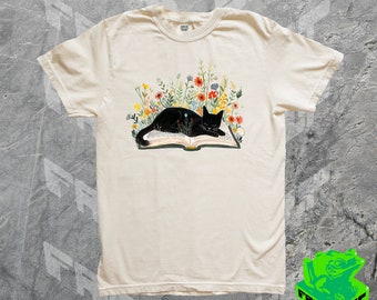 Vintage Cat Sleeping On Book Tshirt, 90s Kitty Reading Flower Graphic Shirt, Booklover Gift Tee, Floral Bookish Gift For Mom, Cottagecore