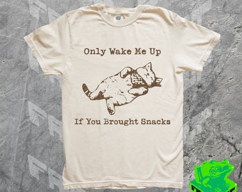 Maak me alleen maar wakker als je snacks meeneemt, shirt grappige kat meme, jaren 90 vintage slapende kat grafisch T-shirt, comfortabele kleuren, kitten, cadeau voor haar