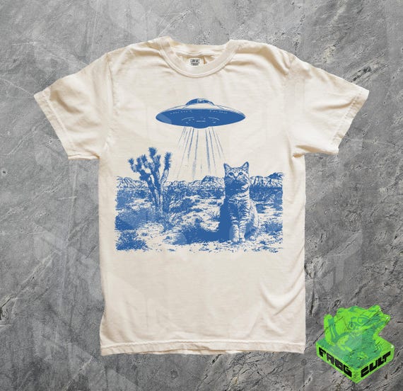 Cowboy Cat UFO Shirt, Comfort Colors, Retro Vintage T-Shirt, Screenprinted, Kitten, Cat Lovers, Funny Gag Gift Tee, Meme Shirt, Gift For Her