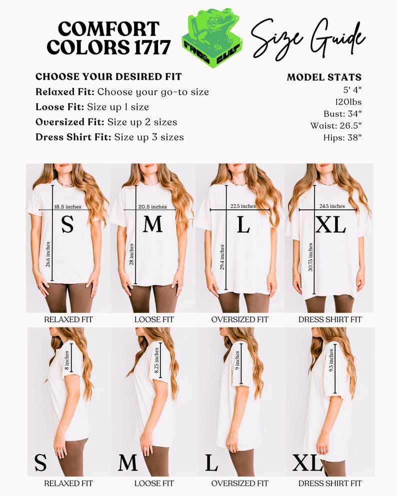 Puede incluir: Tabla de tallas para camisetas con diferentes opciones de ajuste: Relajado, Suelto, Exagerado y Camiseta de Vestir. La tabla muestra las medidas en pulgadas para cada talla: S, M, L y XL. La modelo mide 1,63 m y pesa 54 kg. La tabla tambi&eacute;n muestra las medidas de busto, cintura y cadera de la modelo.