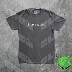 Może przedstawiać: Szary t-shirt z nadrukiem "i have rabies" na przodzie. T-shirt ma wyblakły, vintage'owy wygląd.