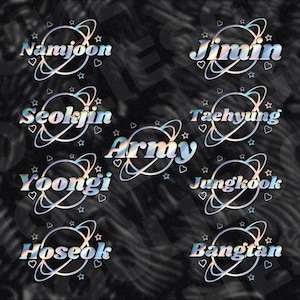 May include: A collection of nine holographic stickers featuring the names Namjoon, Jimin, Seokjin, Taehyung, Yoongi, Jungkook, Hoseok, Bangtan, and the word Army. Each name is centered over a planet graphic with rings, stars, and small hearts.