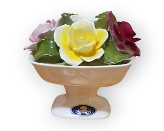 Vintage Royal Worcester Porcelain Floral Arrangement – Hand‑Painted Pedestal Bowl – Fine English Porcelain Flowers