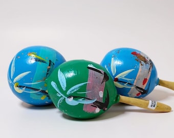 Hand Painted Wooden Maracas, Colorful Folk Art Percussion Instrument, Set of 3