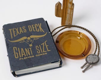 Western Keepsake Quartet – Texas Card Deck, Amber Ashtray, Bolo Tie, Stone Cactus