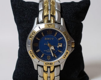 Brut Men's Quartz Watch | Blue Dial, Two-Tone Band | Everyday Wear | 1990s Statement Timepiece