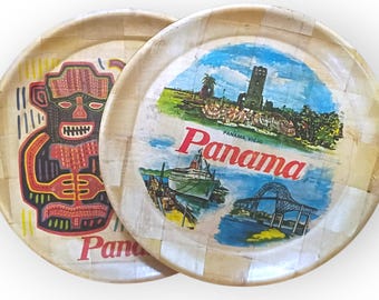 Vintage Panama Souvenir Wooden Plates – Hand-Painted Landmarks & Indigenous Art (Set of 2)