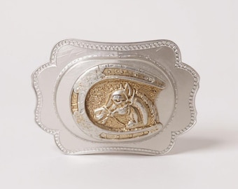 Vintage Western Belt Buckle – Silver & Gold Horse Head in Horseshoe Design, Ornate Scalloped Edge