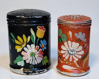 Vintage Hand-Painted Metal Spice Shakers – Floral Folk Art Shaker Set