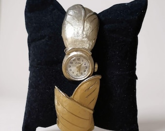 Vintage Endurance Mechanical Gold Tone Leaf Watch Cuff