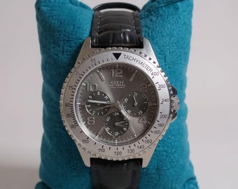 Guess Waterpro Chronograph Watch | Brushed Silver | Leather Band | Rotating Bezel