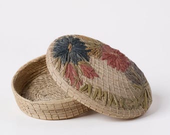 Handmade Keepsake Trinket Basket with Lid • Woven Floral Design, From Jamaica