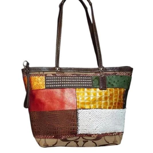 バッグ Coach Patchwork Tote Bag Signature 12843 Coach Patchwork Tote Canvas, Snakeskin Leather, Sequins & Metallic